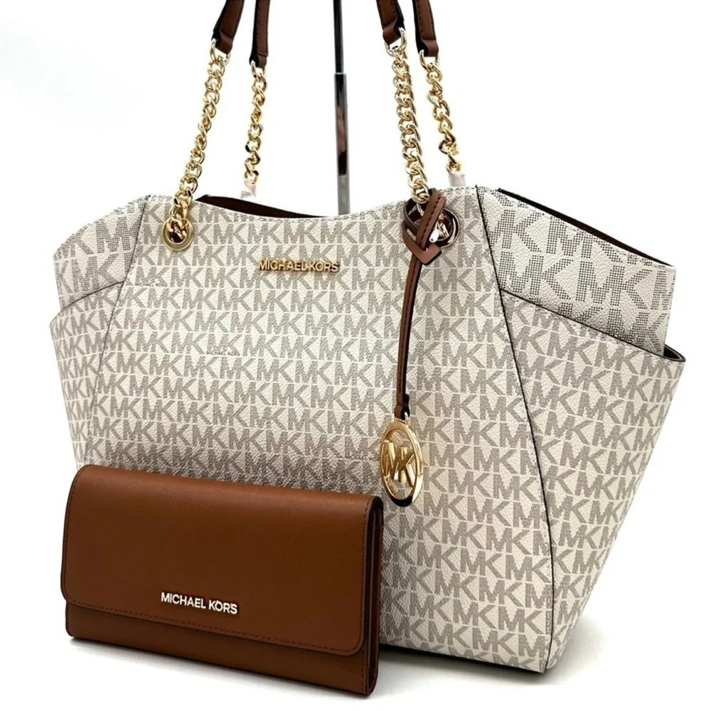 Michael Kors Large Jet Set Travel Chain Shoulder Bag & Trifold Wallet Vanilla - Picture 2 of 14